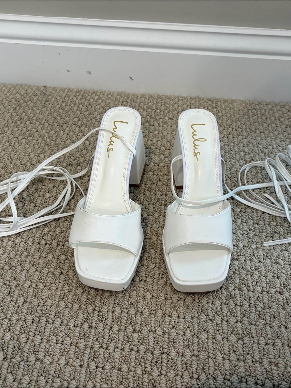 Lulu's White Lace-Up Square Toe Block Heel Sandals
